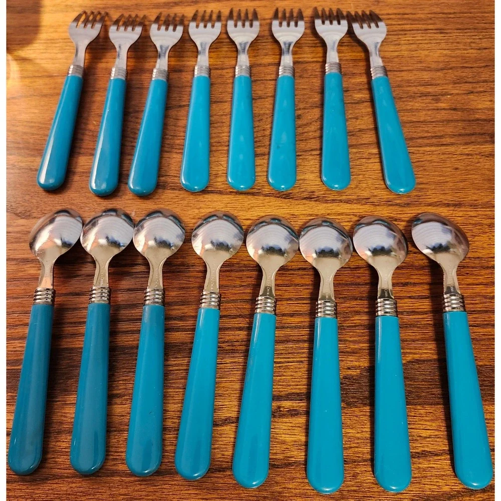 MCM Turquoise Blue 16 Piece Flatware Set Stainless Steel 8 Forks 8 Spoons Teal